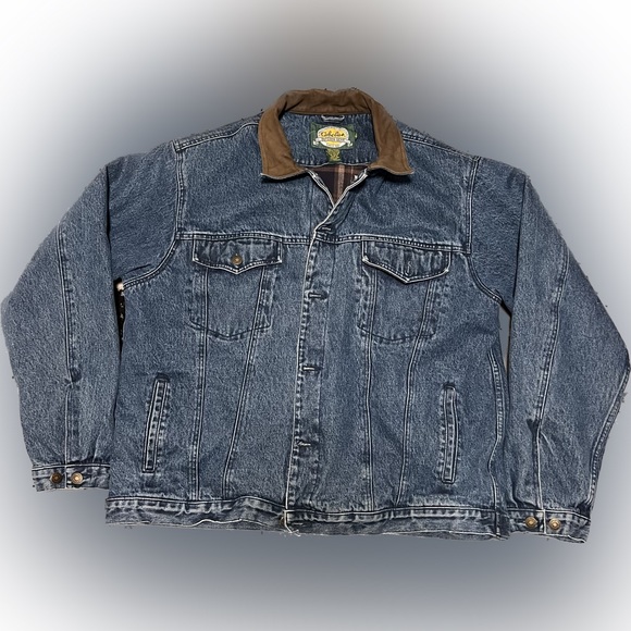 Vtg 90s CABELA'S LEATHER COLLAR DENIM HUNTING COAT JACKET XL Tall. A5032023